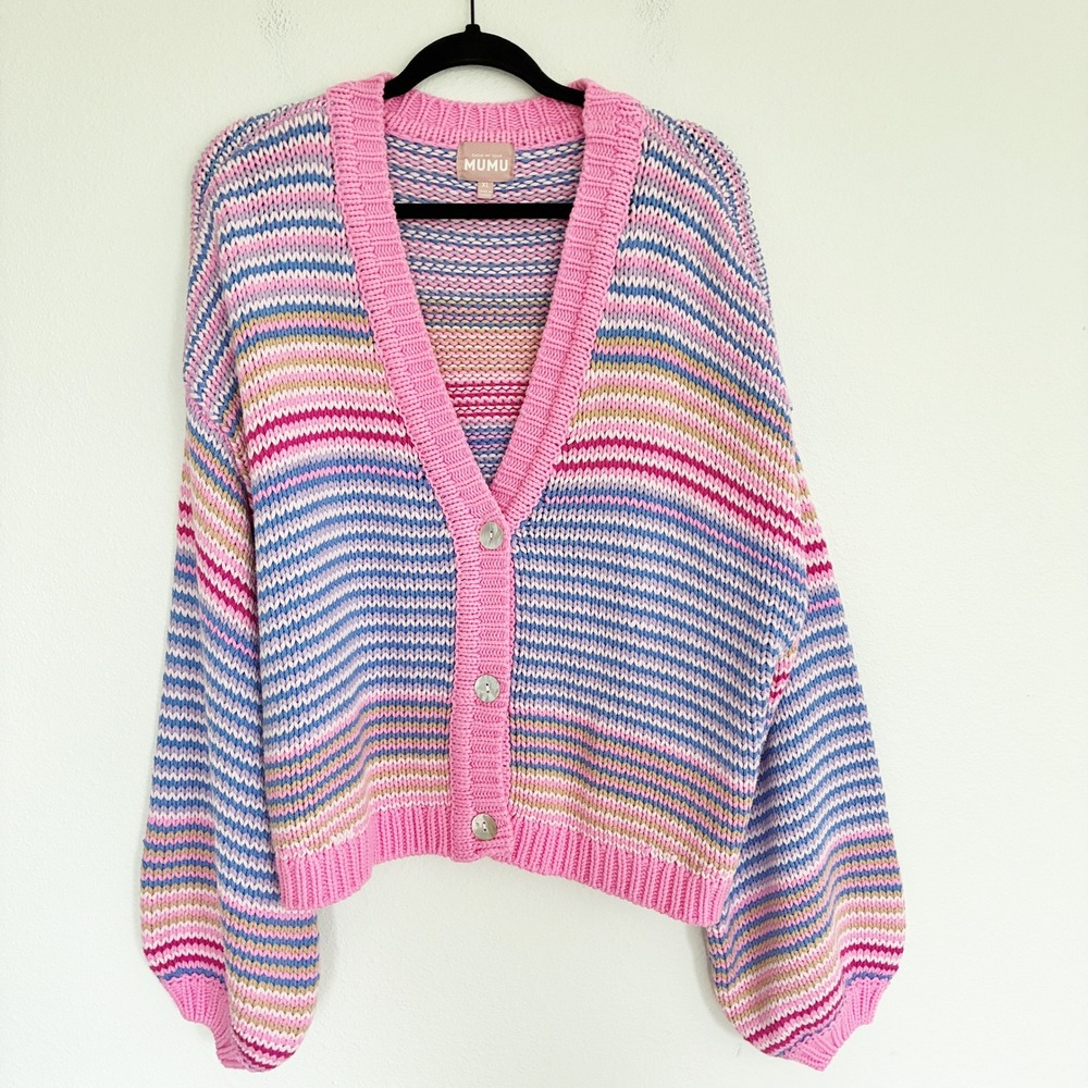Show Me Your Mumu Good Karma Cardigan Sweater Womens XL Pink Multi Stripe Knit